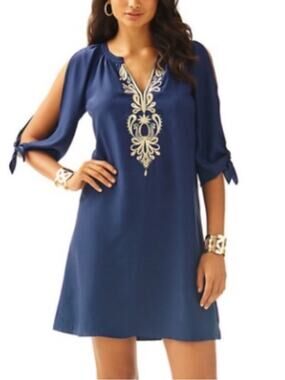 Lilly Pulitzer Women’s Bryce Navy Blue Silk Tunic Mini Dress Gold Embroidery S
